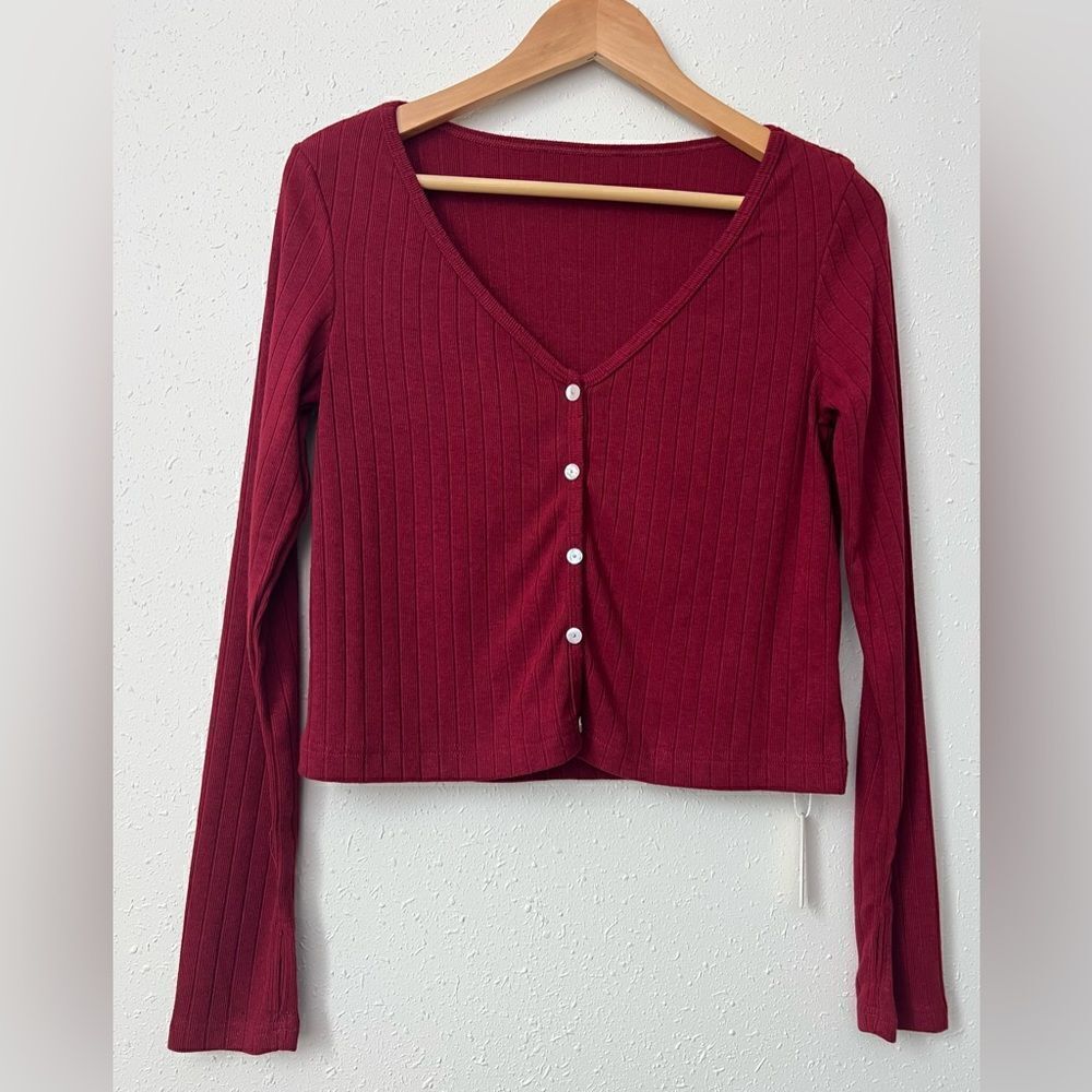 033 NWT OGL Wide Rib V-Neck Cardigan - Deep Red Size S